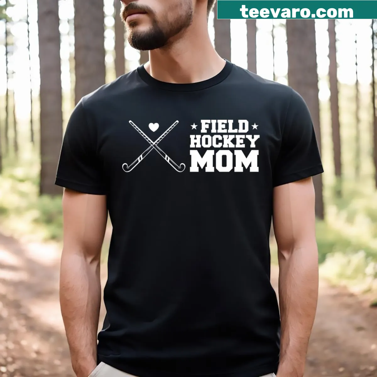Proud mom T-shirt featuring field hockey graphics — on a men's t-shirt