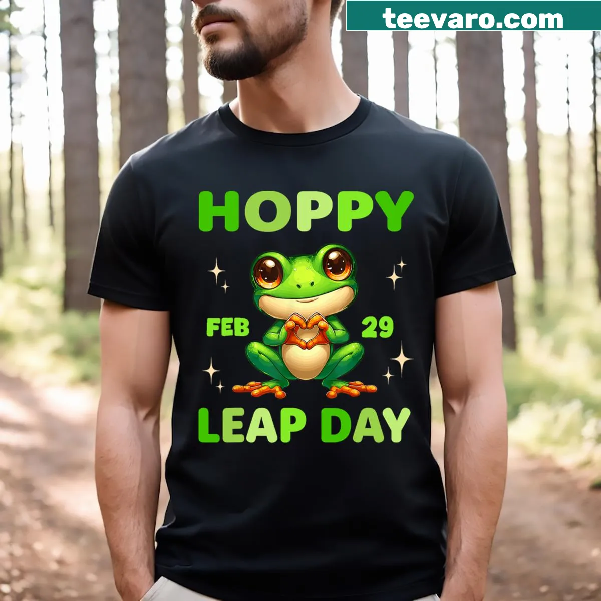 Funny Leap Day T-shirt with a cartoon frog illustration — on a men's t-shirt