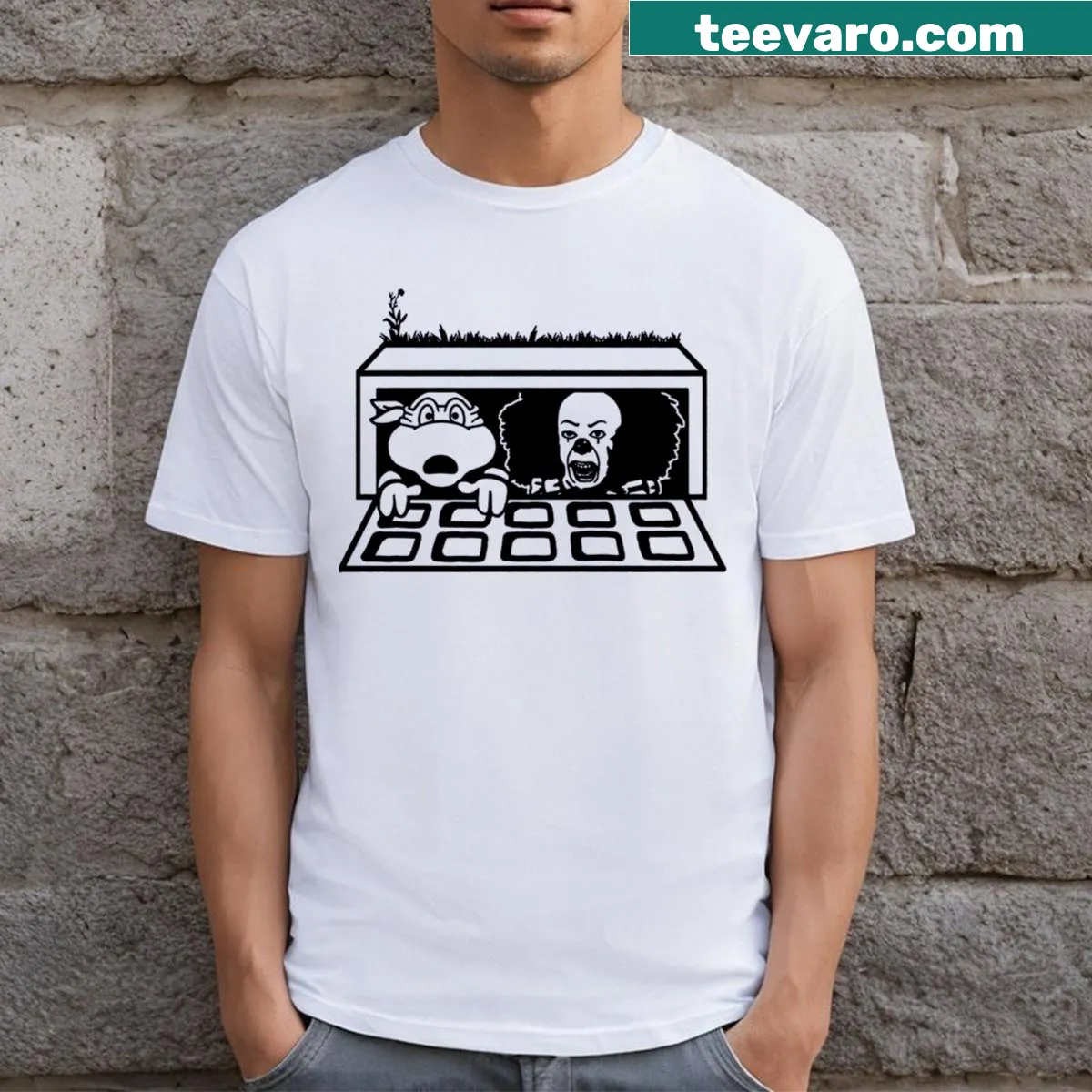 Funny T-shirt with humorous horror movie-themed text — on a men's t-shirt