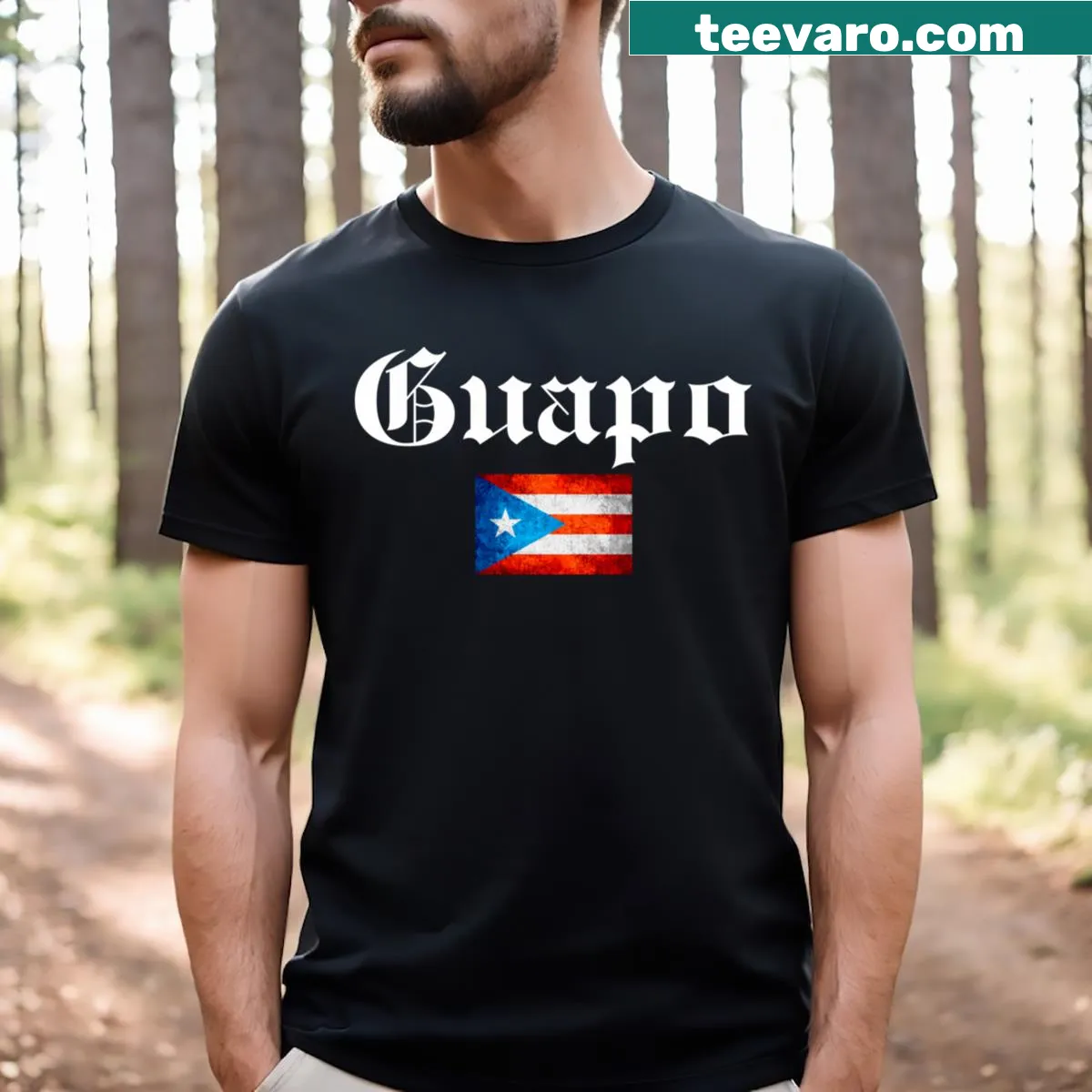 Puerto Rican T-shirt featuring the phrase El Guapo Papi Chulo in bold typography. — on a men's t-shirt