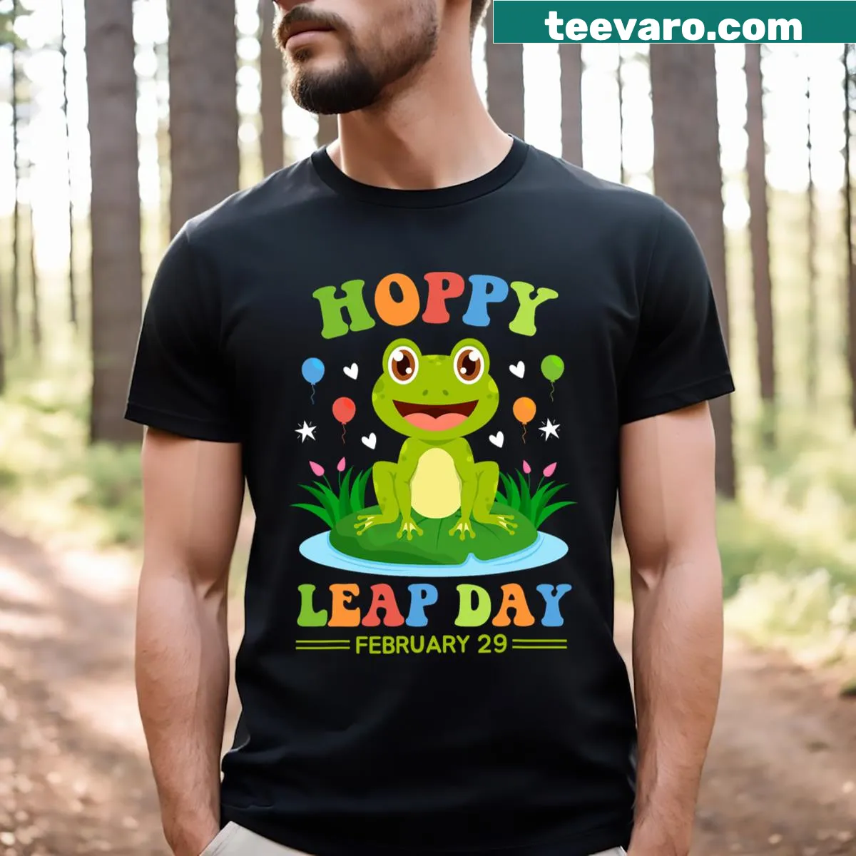 Leap Day frog design t-shirt celebrating February 29 birthdays — on a men's t-shirt
