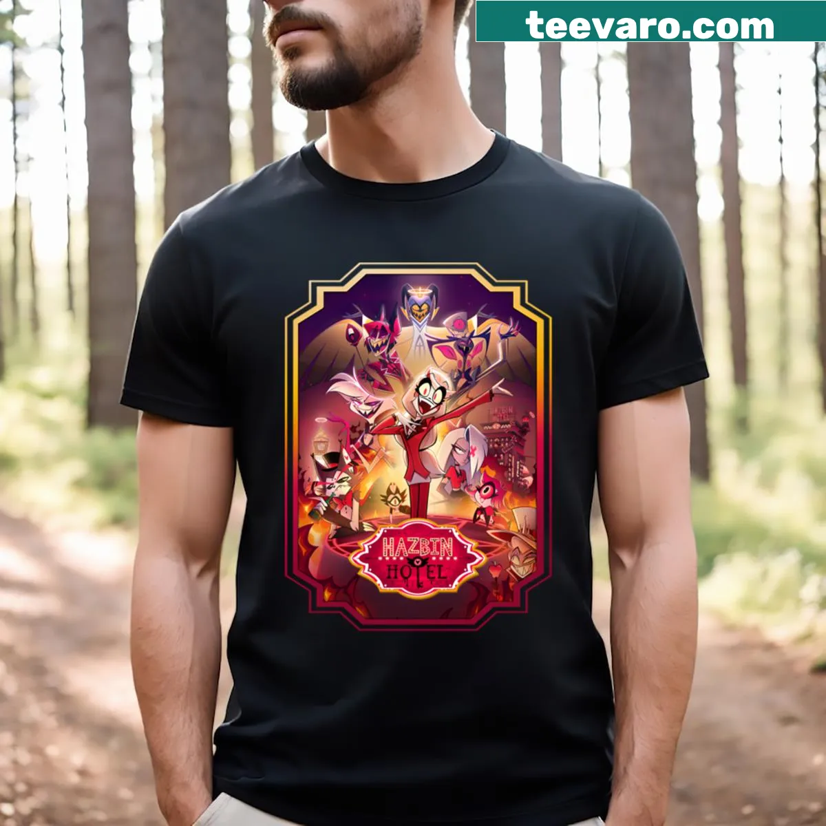 Graphic T-shirt inspired by the animated series Hazbin Hotel — on a men's t-shirt