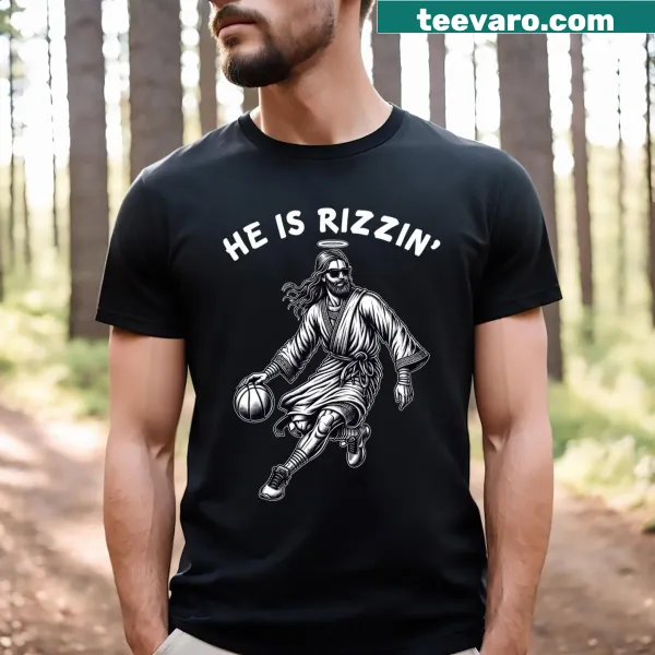 Retro-style funny basketball T-shirt with 'He Is Rizzin' text