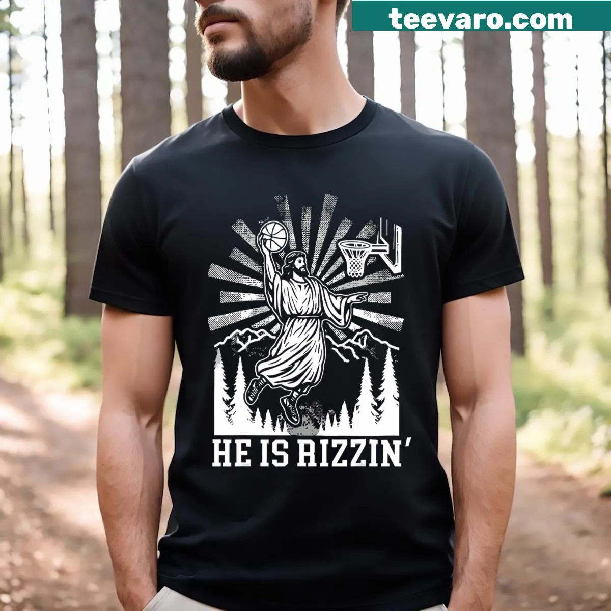Illustrated T-shirt featuring Jesus playing basketball with humorous text. — on a men's t-shirt