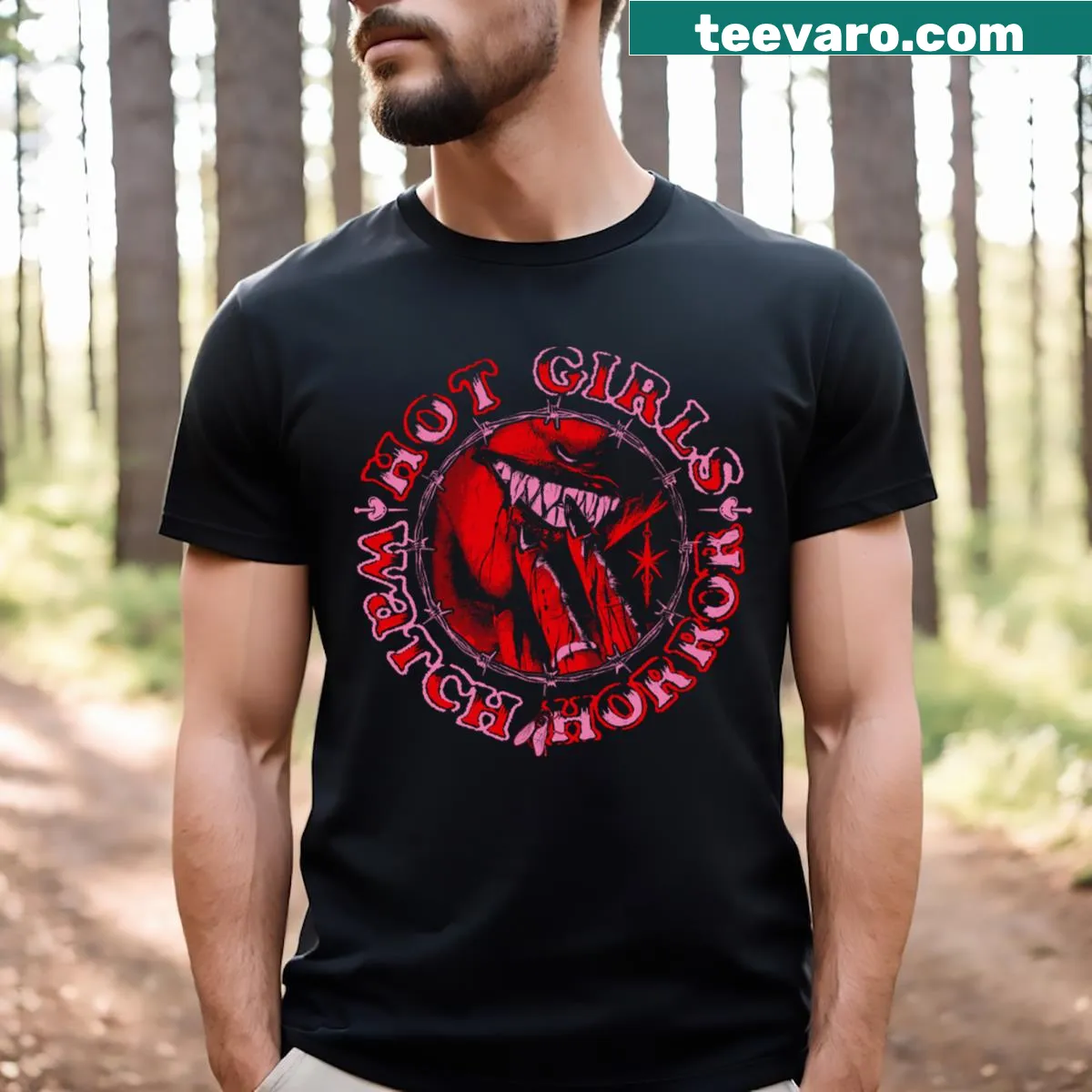Funny text T-shirt about hot girls and horror movies — on a men's t-shirt