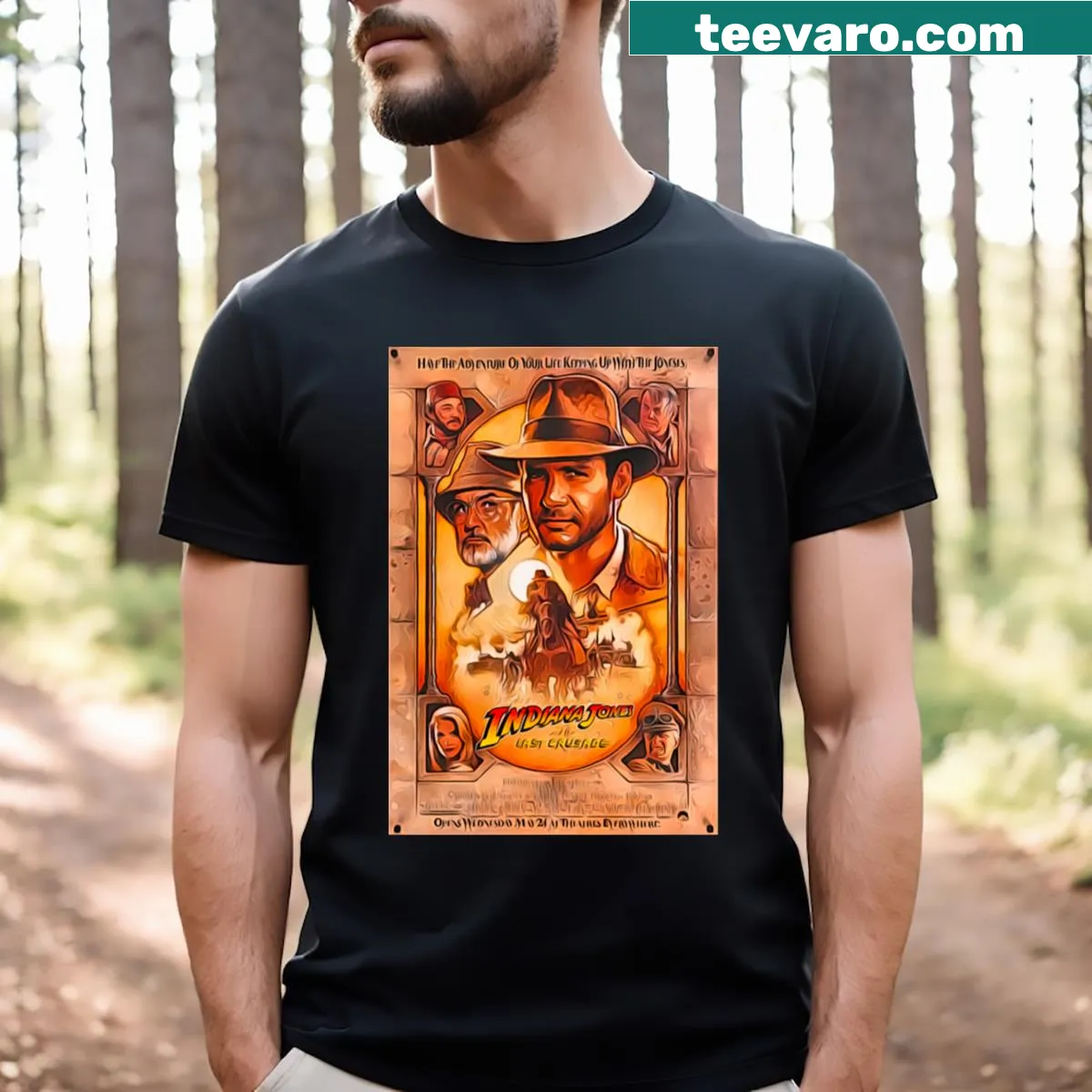 Retro design of Indiana Jones themed Last Crusade T-shirt — on a men's t-shirt
