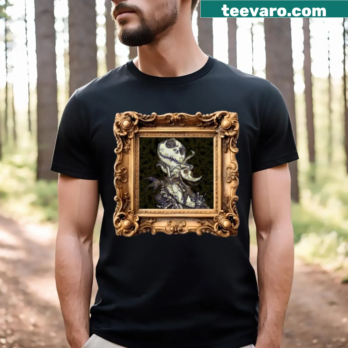 Vintage-style Jack Skellington T-shirt with golden frame design — on a men's t-shirt
