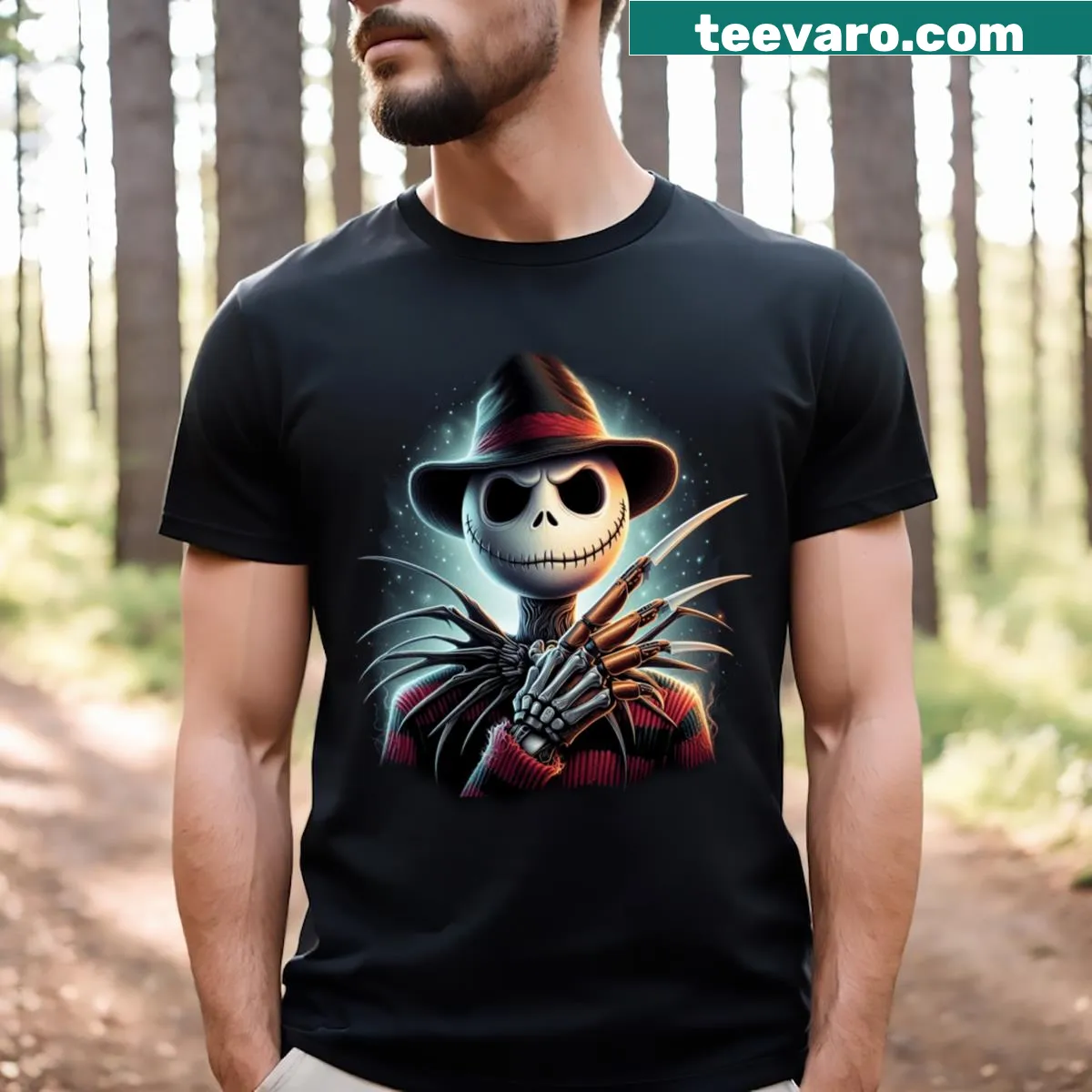 Illustrated Jack Skellington on a whimsical t-shirt — on a men's t-shirt