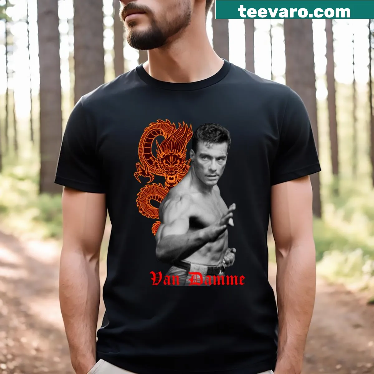 T-shirt featuring bold text honoring Jean-Claude Van Damme — on a men's t-shirt