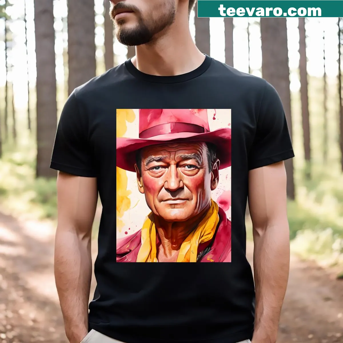 Watercolor portrait of John Wayne on a t-shirt — on a men's t-shirt
