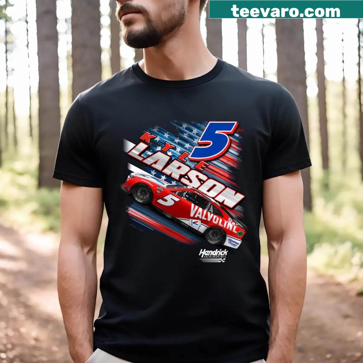 Kyle Larson 5 Valvoline patriotic T-shirt design — on a men's t-shirt