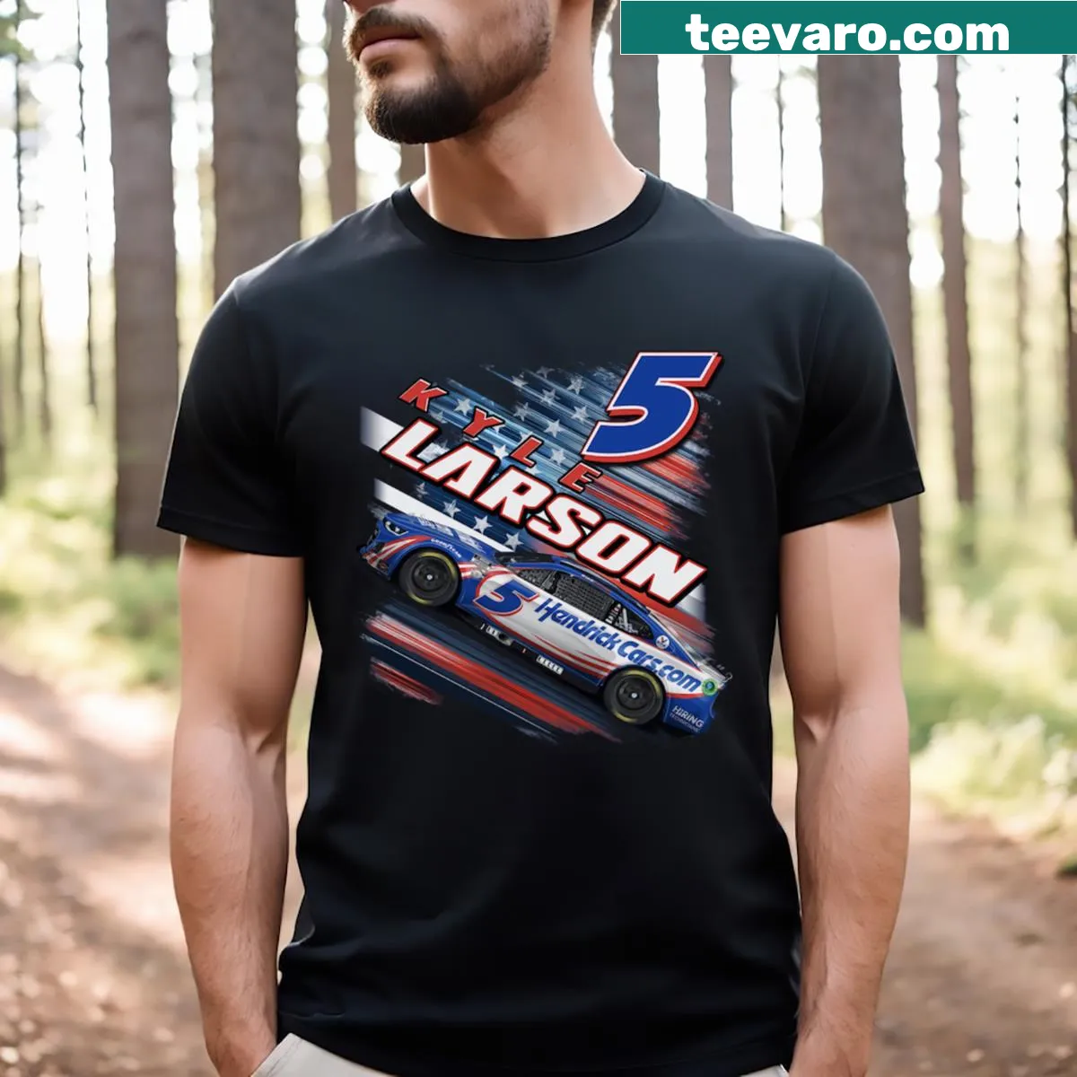 Patriotic T-shirt celebrating Kyle Larson and racing pride. — on a men's t-shirt