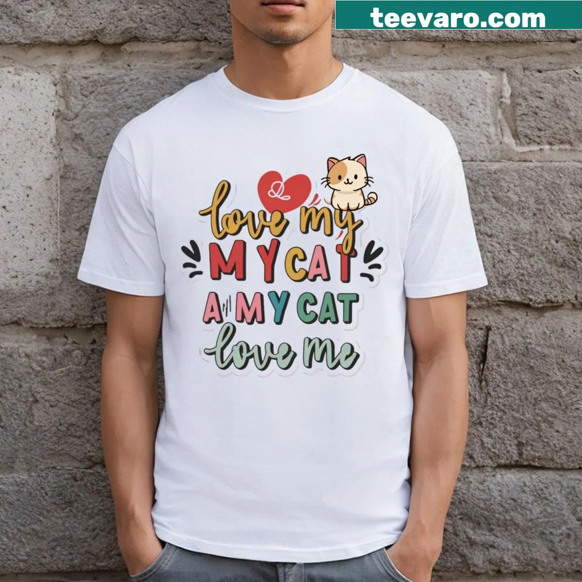 Funny cat-themed T-shirt with heart graphic and playful text — on a men's t-shirt