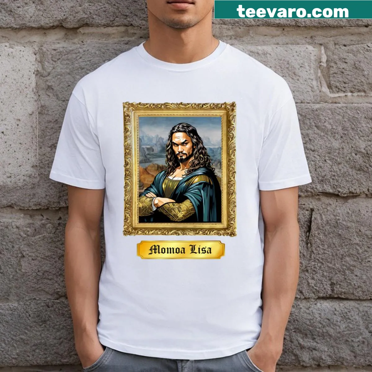Funny Momoa Lisa T-shirt with clever typography — on a men's t-shirt