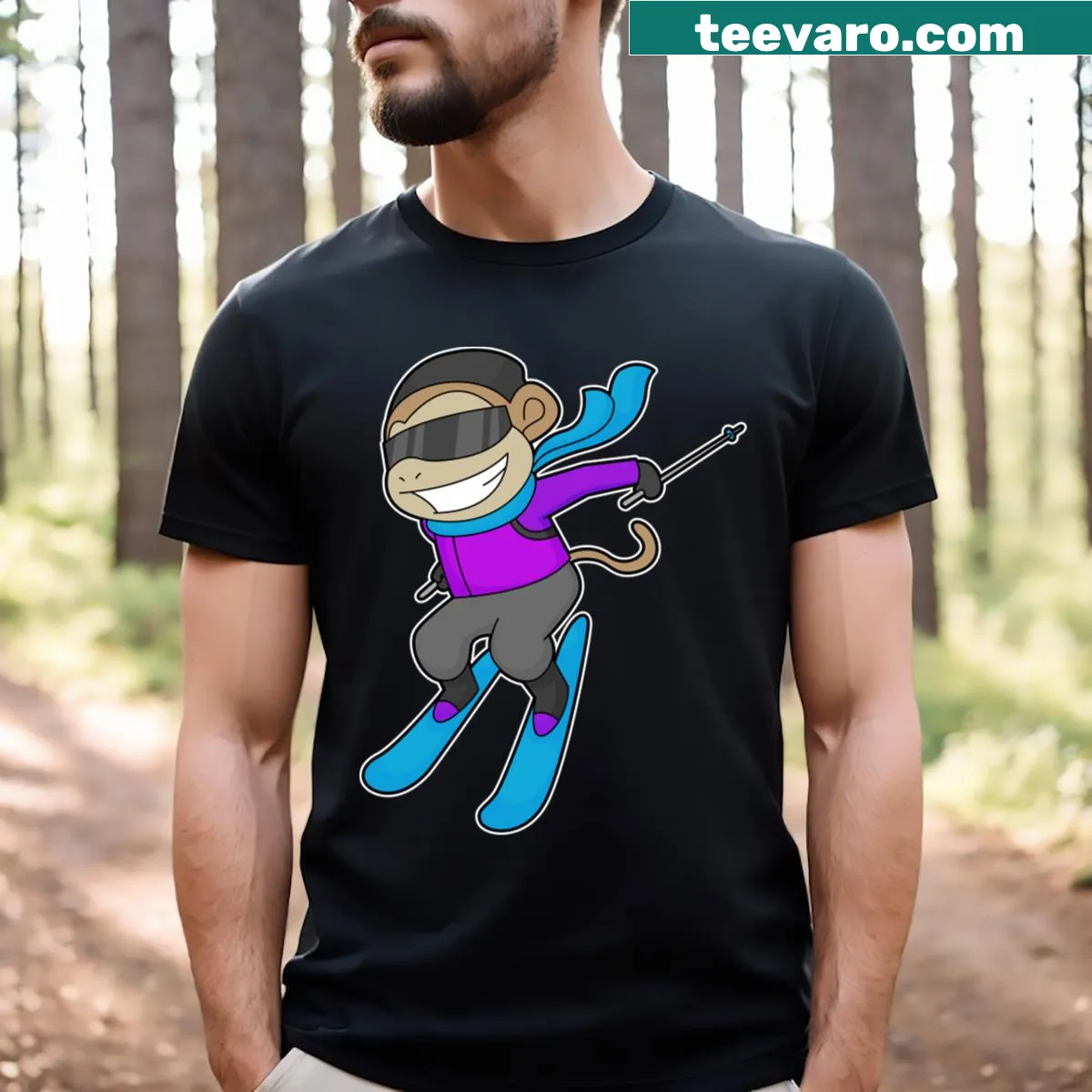 Whimsical T-shirt featuring a monkey skier in a playful pose — on a men's t-shirt