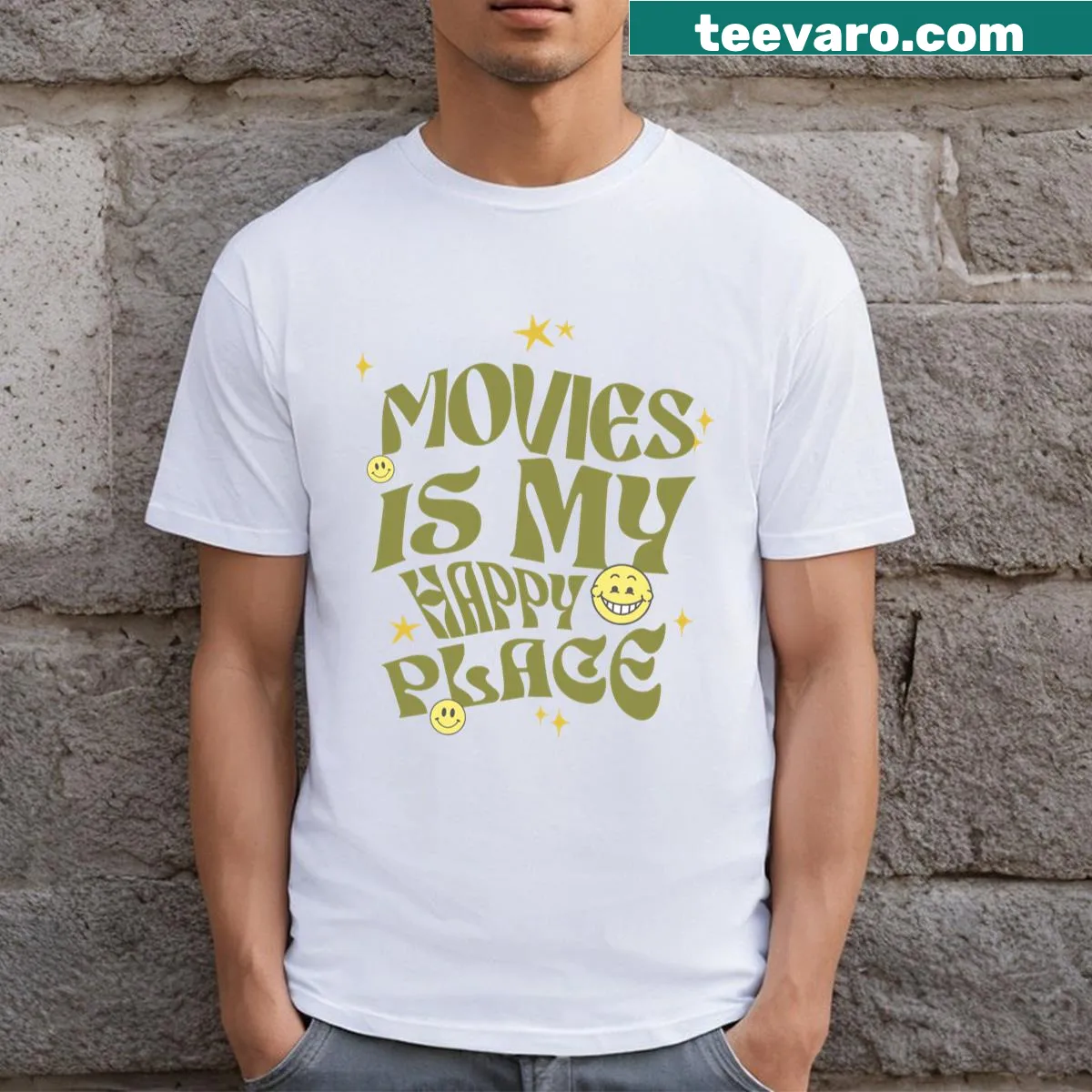 T-shirt with 'Movies Is My Happy Place' in groovy typography — on a men's t-shirt