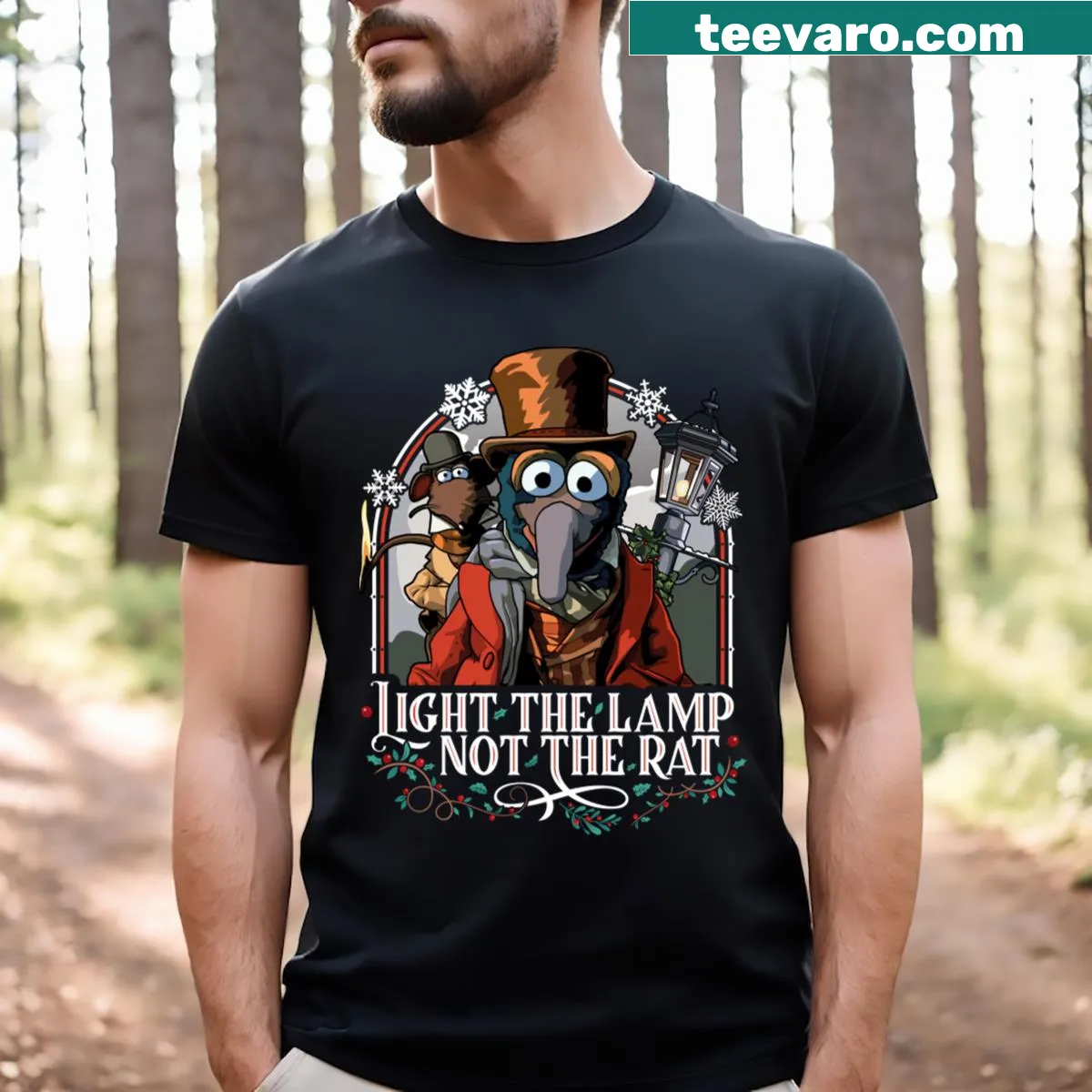 Humorous T-shirt featuring a Muppet Christmas Carol graphic — on a men's t-shirt