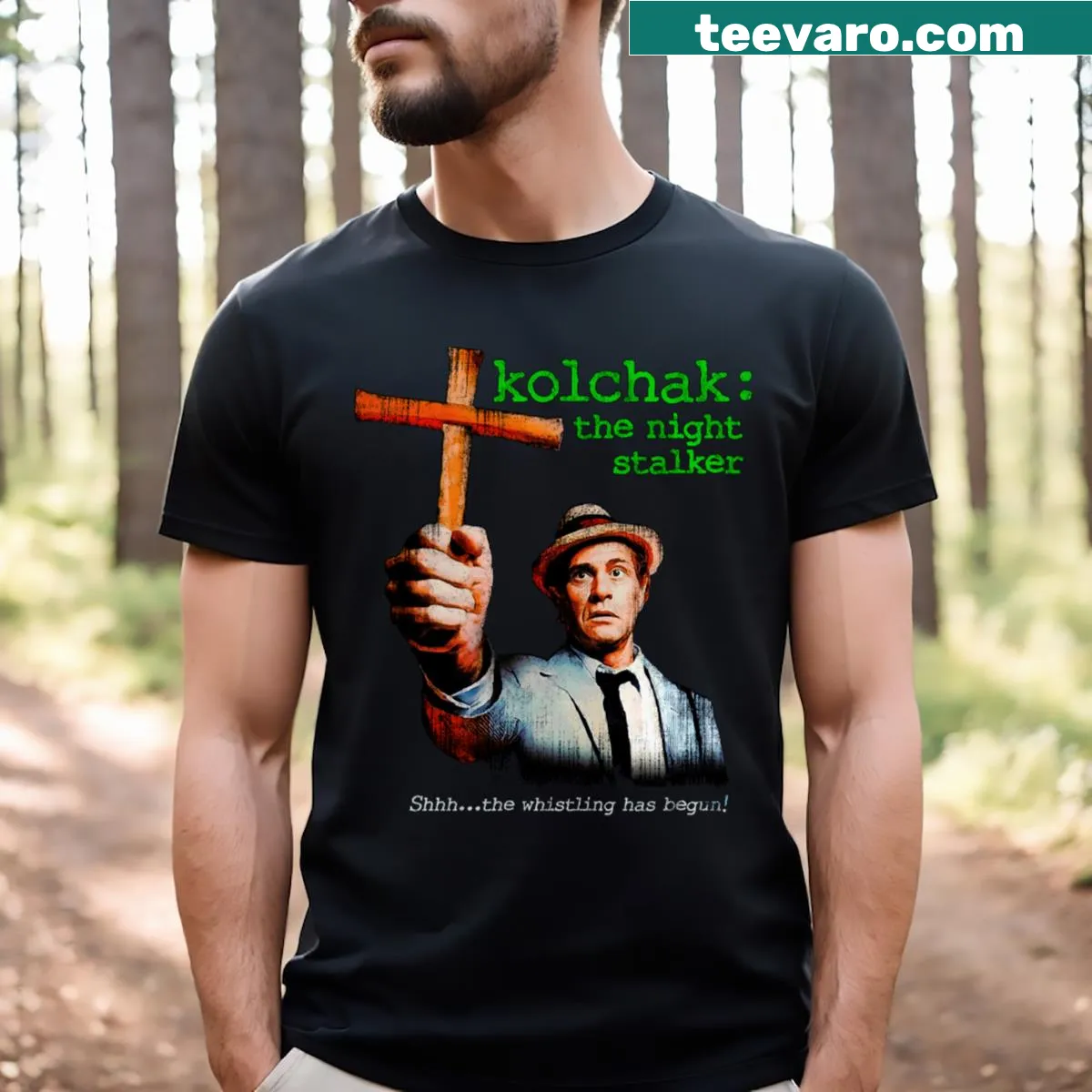 T-shirt featuring an illustration from Kolchak: The Night Stalker — on a men's t-shirt