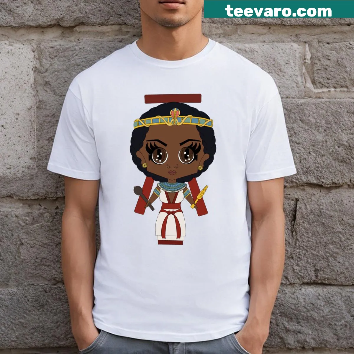 T-shirt featuring an illustration of Neferura from ancient Egypt — on a men's t-shirt