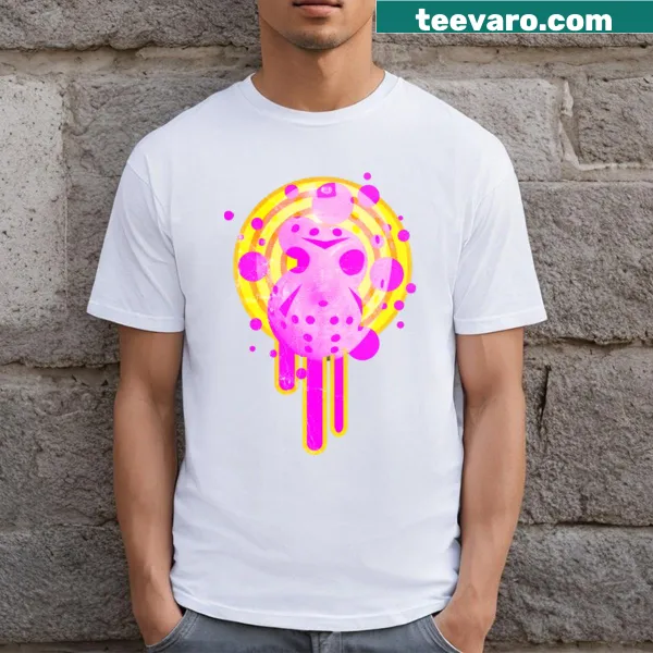 T-shirt featuring a neon-style graphic of Jason from horror movies