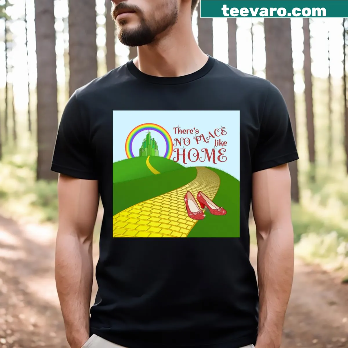 T-shirt displaying the phrase 'No Place Like Home' in warm typography. — on a men's t-shirt