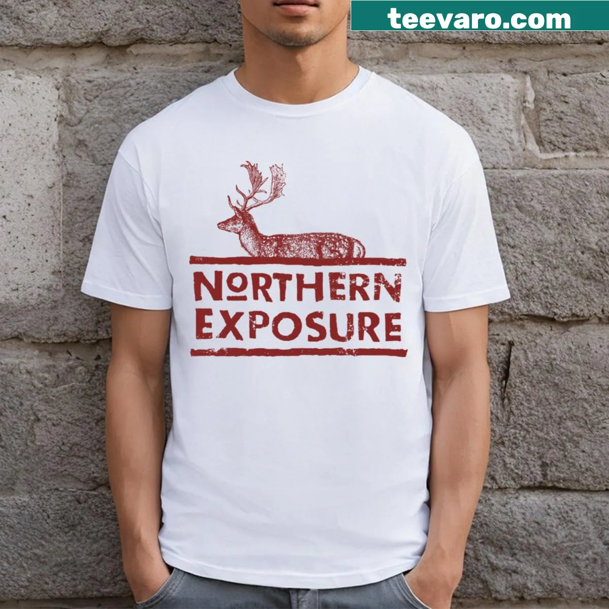 Retro-style t-shirt featuring Northern Exposure graphics and nostalgic elements. — on a men's t-shirt