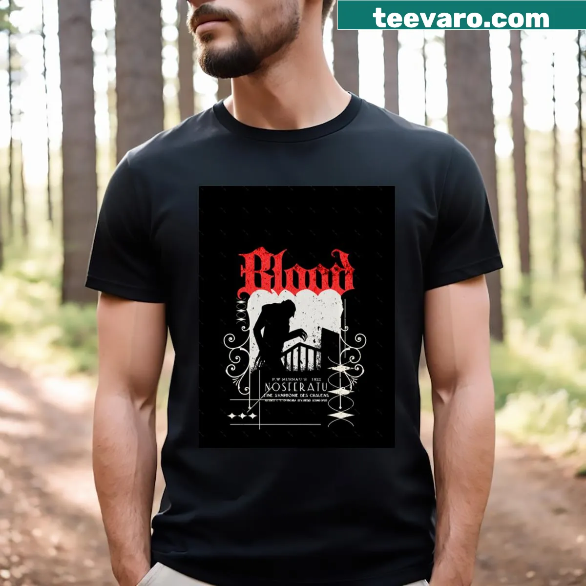 Nosferatu graphic t-shirt showcasing the iconic vampire in shadows — on a men's t-shirt