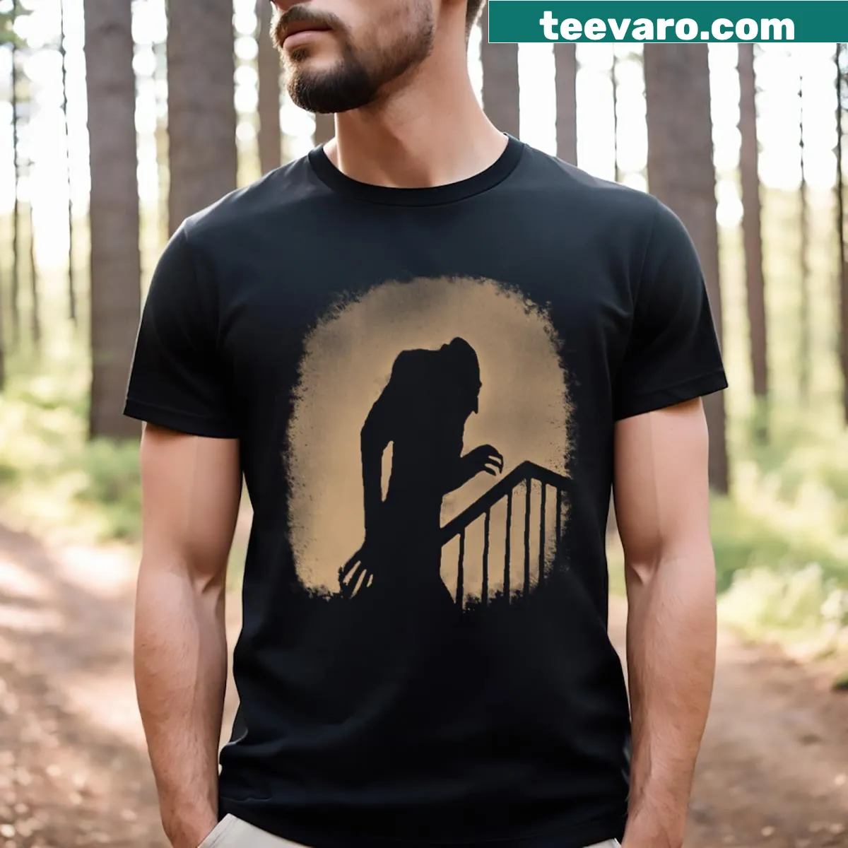 Sepia-toned Nosferatu illustration on a horror-themed t-shirt — on a men's t-shirt