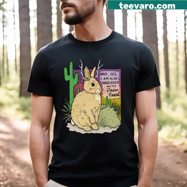 Whimsical jackalope graphic featuring Pedro Pascal on a t-shirt