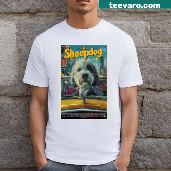 Vintage movie poster t-shirt featuring an Old English Sheepdog.