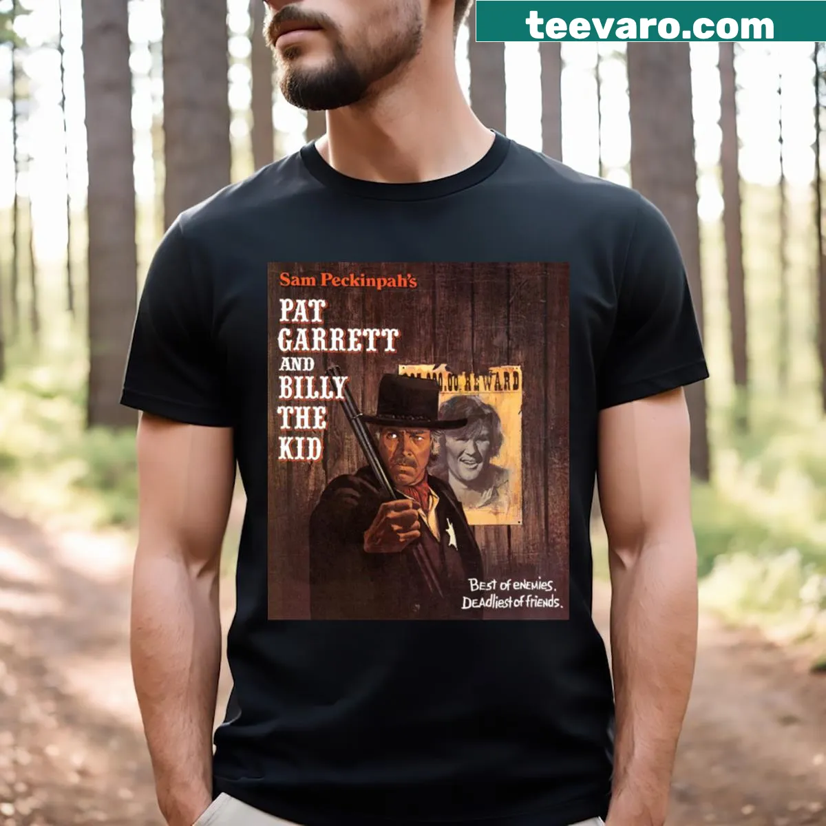 T-shirt featuring illustration of Pat Garrett and Billy the Kid — on a men's t-shirt