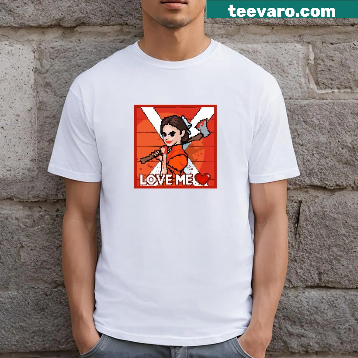 Pixel art graphic of a character inspired by Mia Goth on a T-shirt — on a men's t-shirt