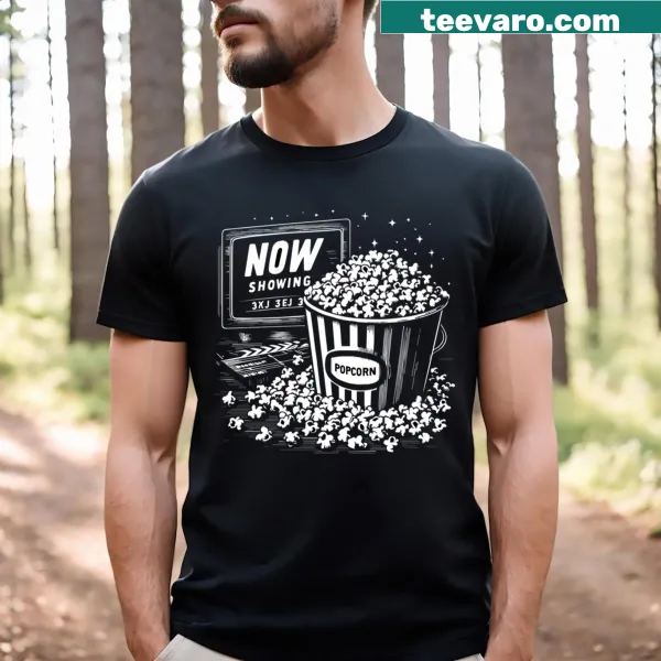 Family-themed t-shirt celebrating popcorn and movies with playful design