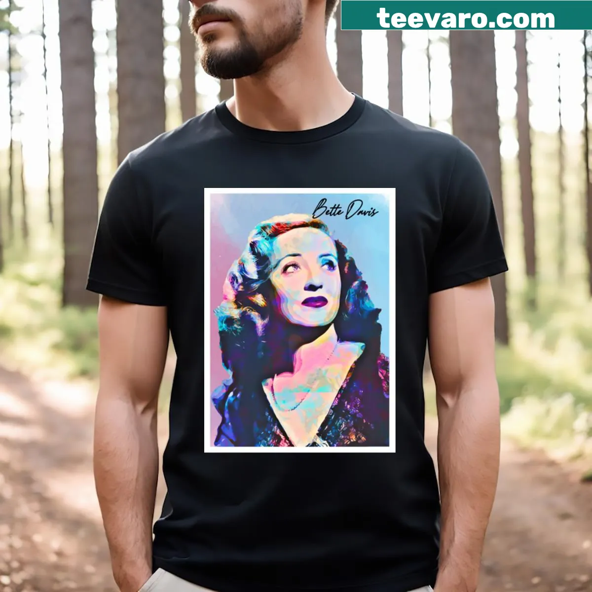 Vintage-style t-shirt featuring poster art of Bette Davis — on a men's t-shirt
