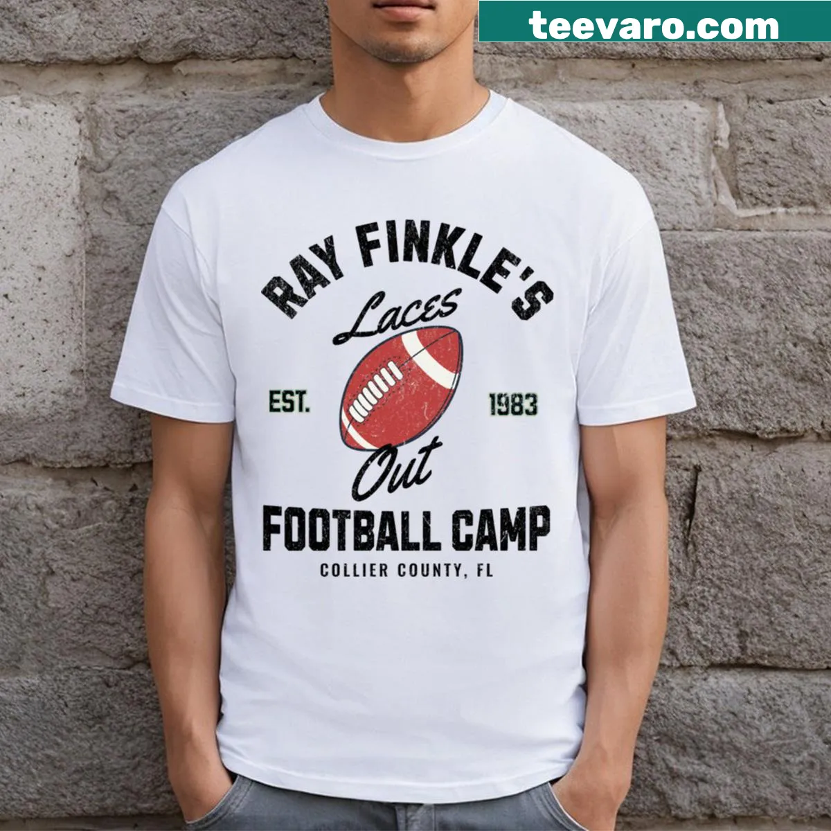 T-shirt celebrating Ray Finkle's football camp with humorous design — on a men's t-shirt