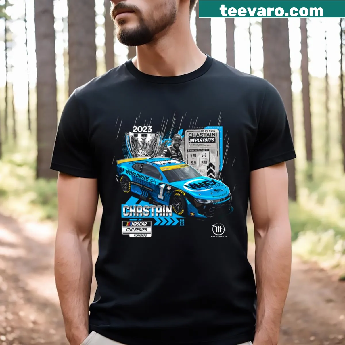 T-shirt with a graphic of a race car representing Ross Chastain — on a men's t-shirt