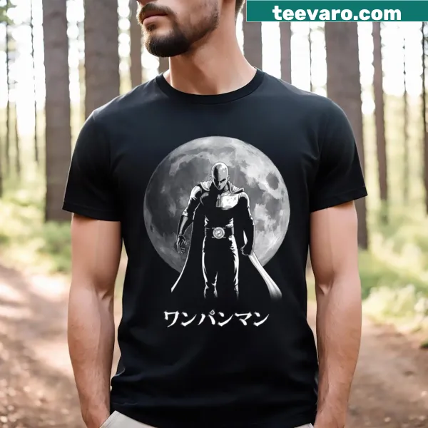 T-shirt featuring an illustration of Saitama with bold text