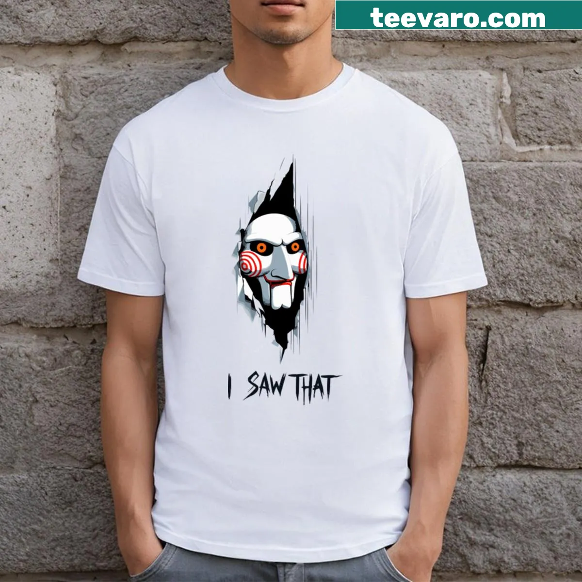 Saw I Saw That T-shirt with playful horror-themed typography — on a men's t-shirt