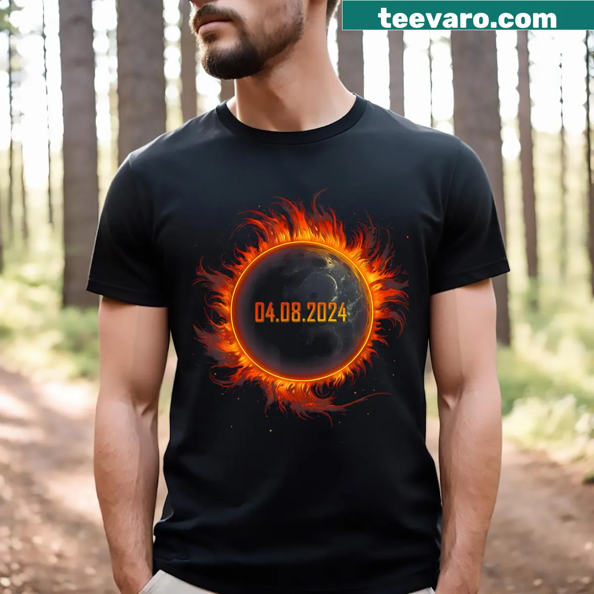 Illustrative T-shirt celebrating the 2024 total solar eclipse — on a men's t-shirt
