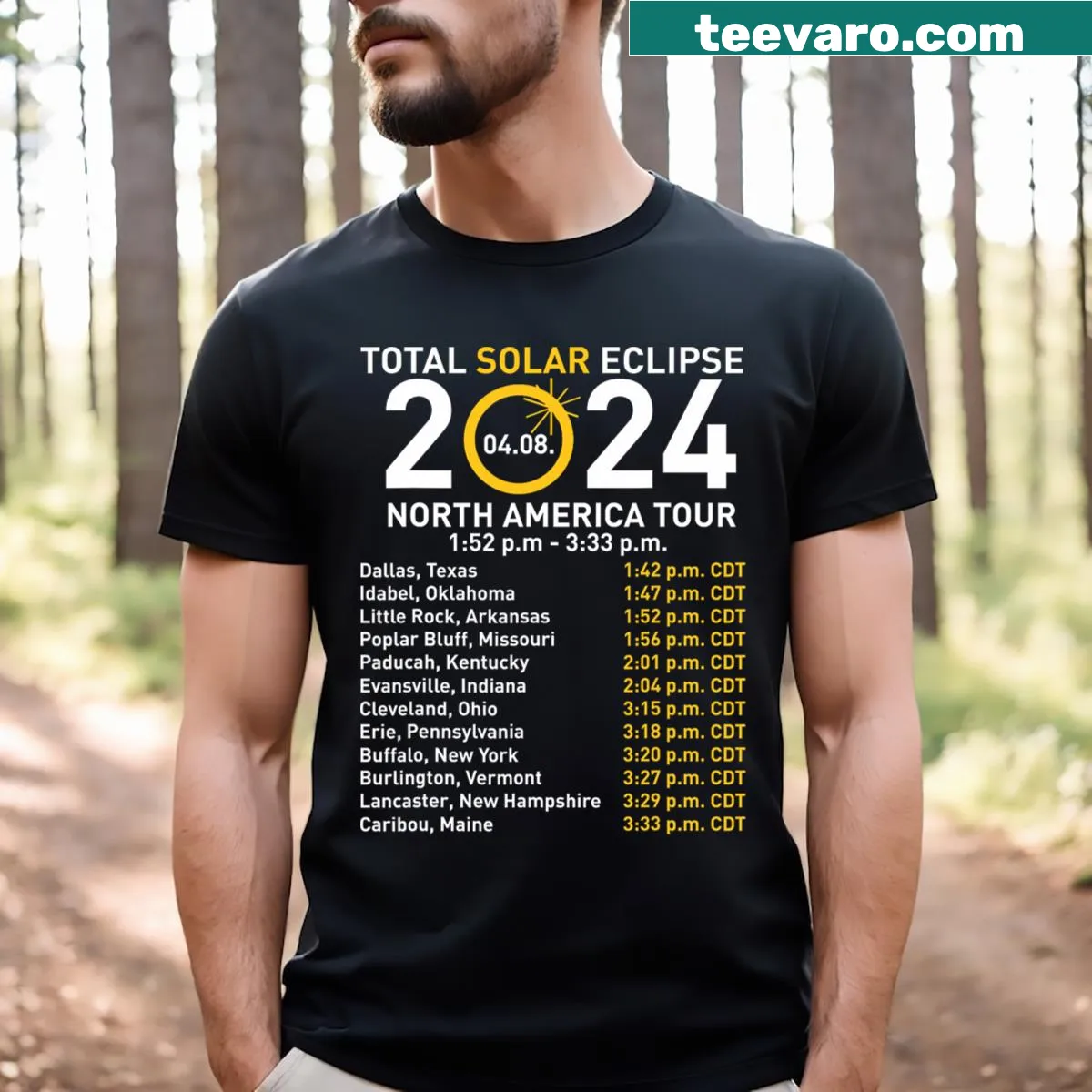 2024 Solar Eclipse T-shirt with typographic design celebrating celestial event — on a men's t-shirt