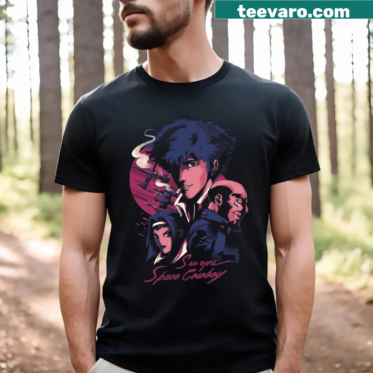 Whimsical illustration of cowboys riding rockets across a starry sky — on a men's t-shirt