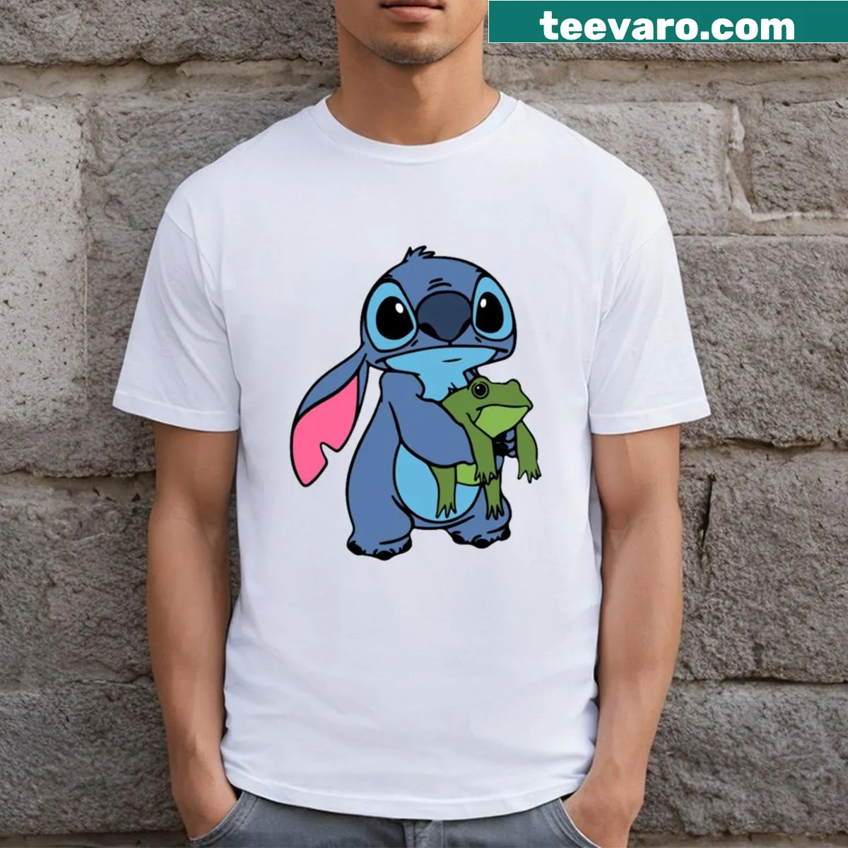 Cartoon t-shirt featuring Stitch and his toad companion — on a men's t-shirt