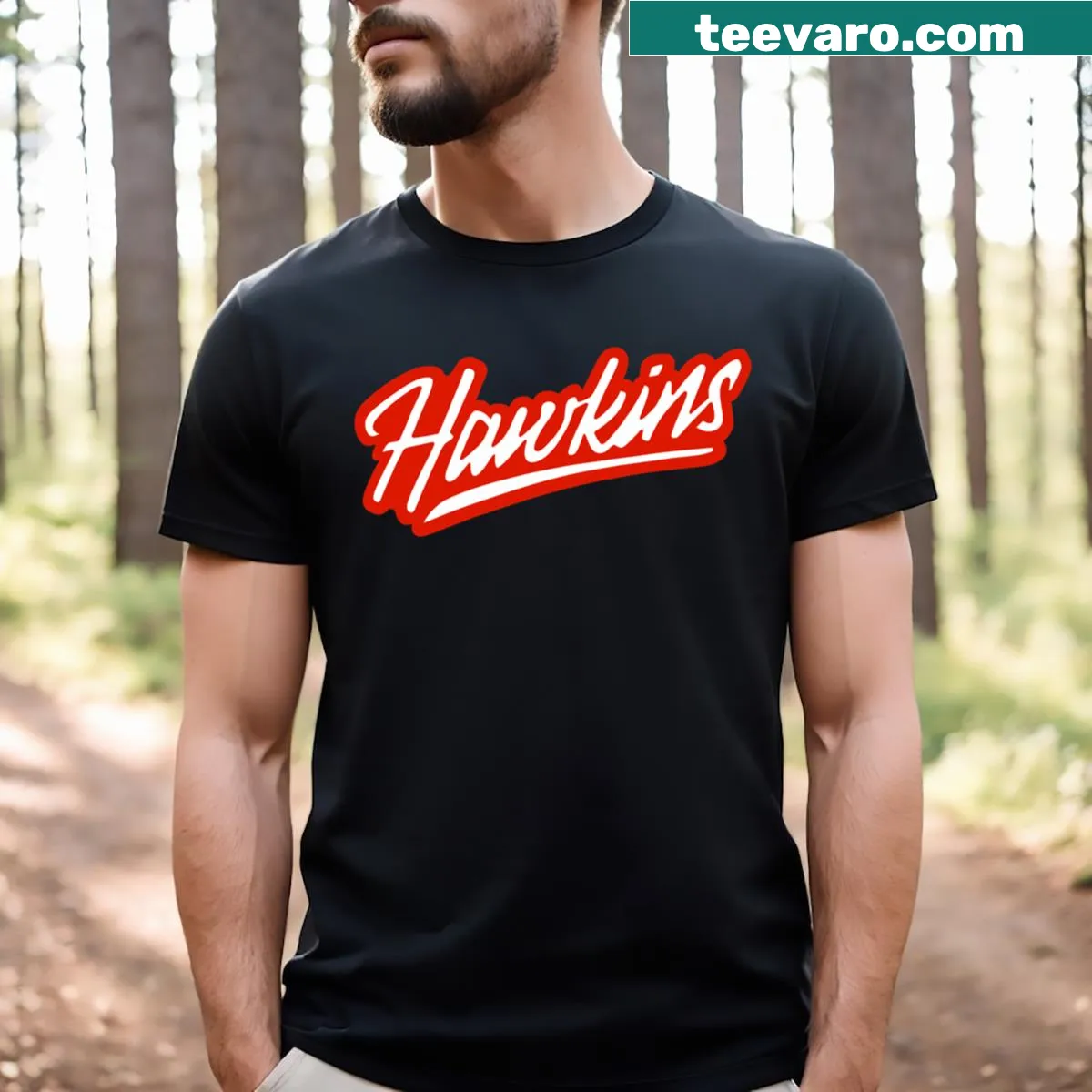 Graphic t-shirt featuring the town of Hawkins from Stranger Things — on a men's t-shirt