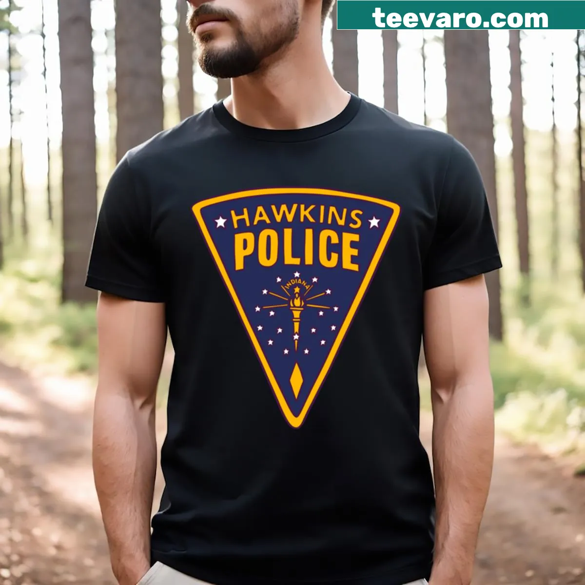 Hawkins Police graphic t-shirt from Stranger Things — on a men's t-shirt