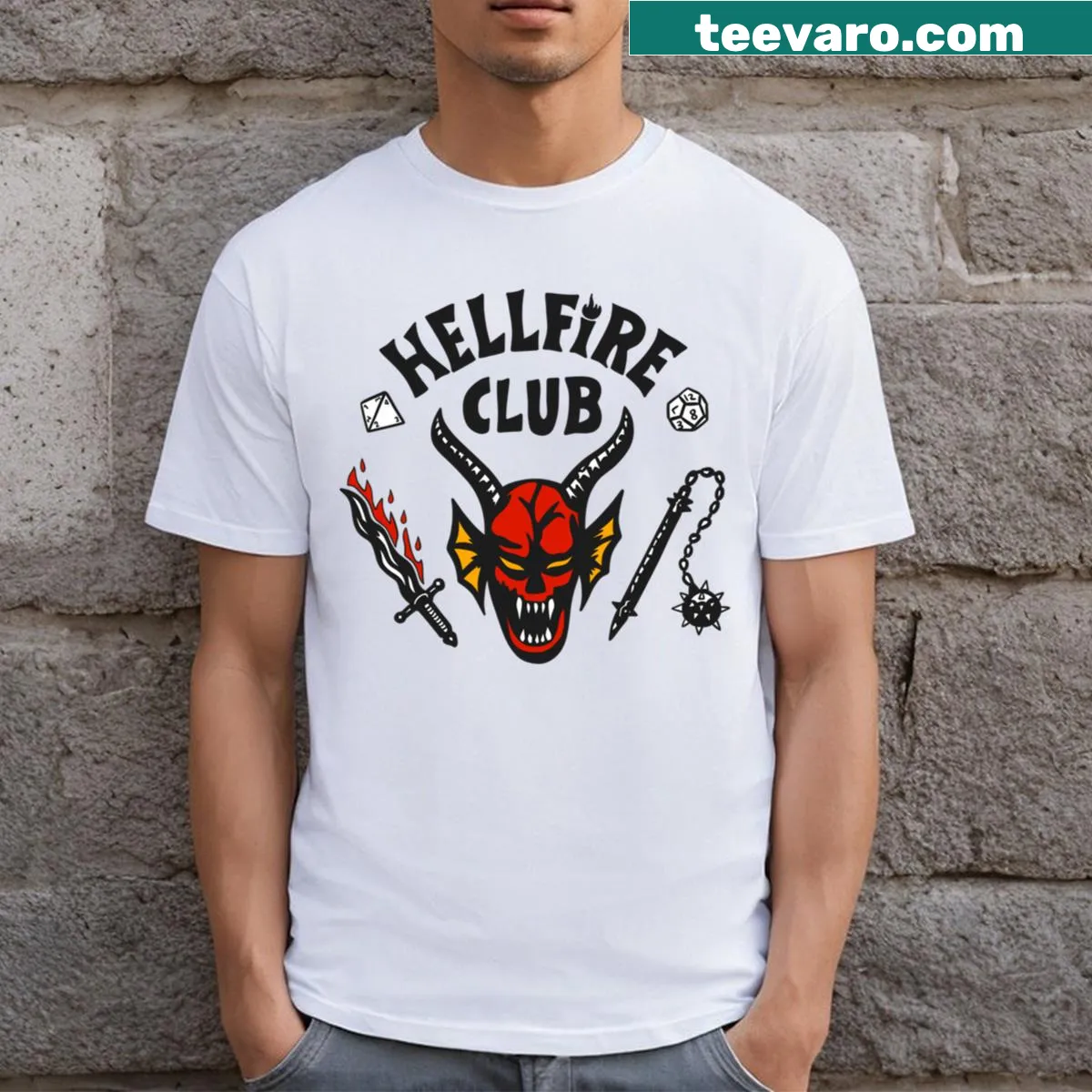 Hellfire Club logo graphic t-shirt from Stranger Things — on a men's t-shirt