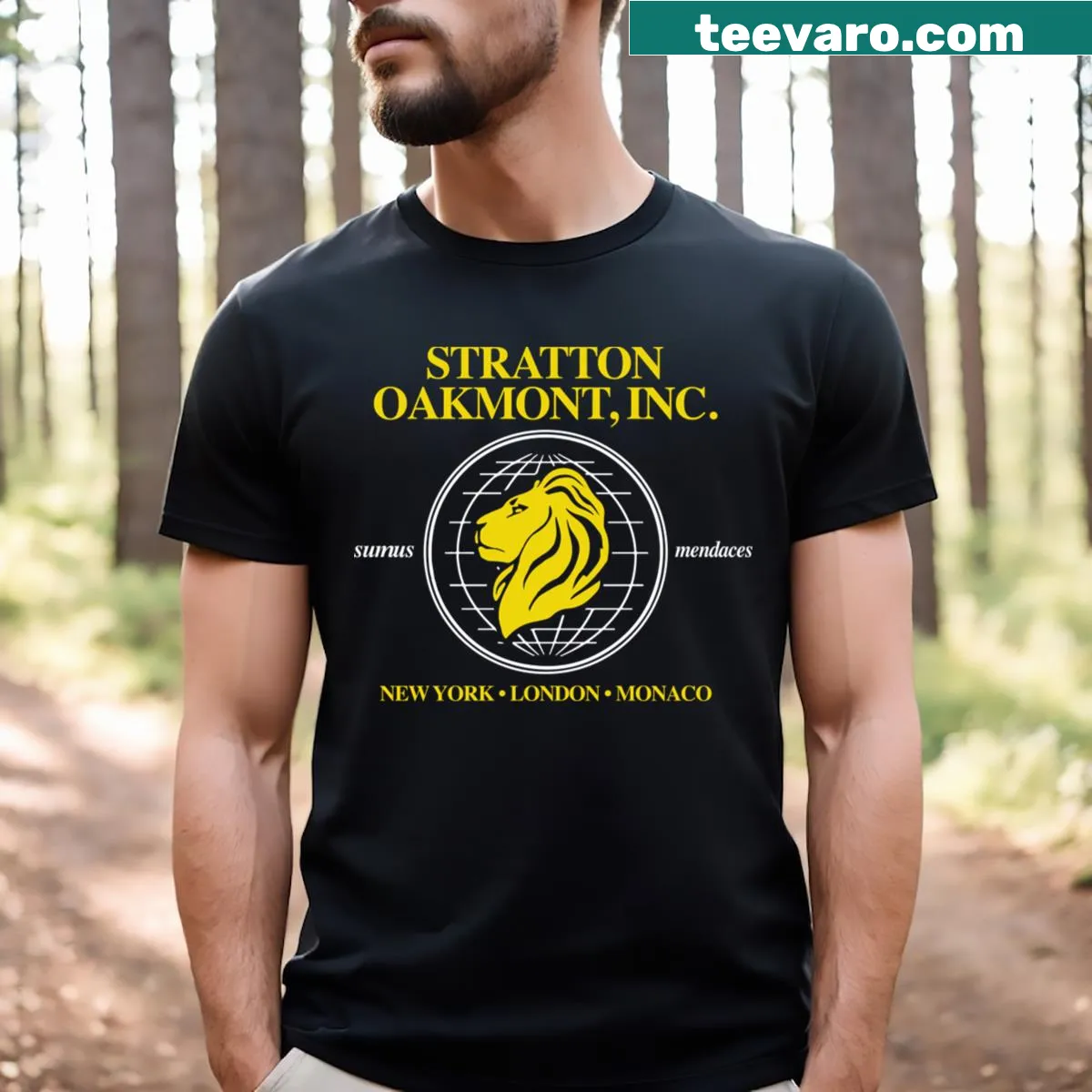 Vintage-style Stratton Oakmont T-shirt with 80s inspired design — on a men's t-shirt