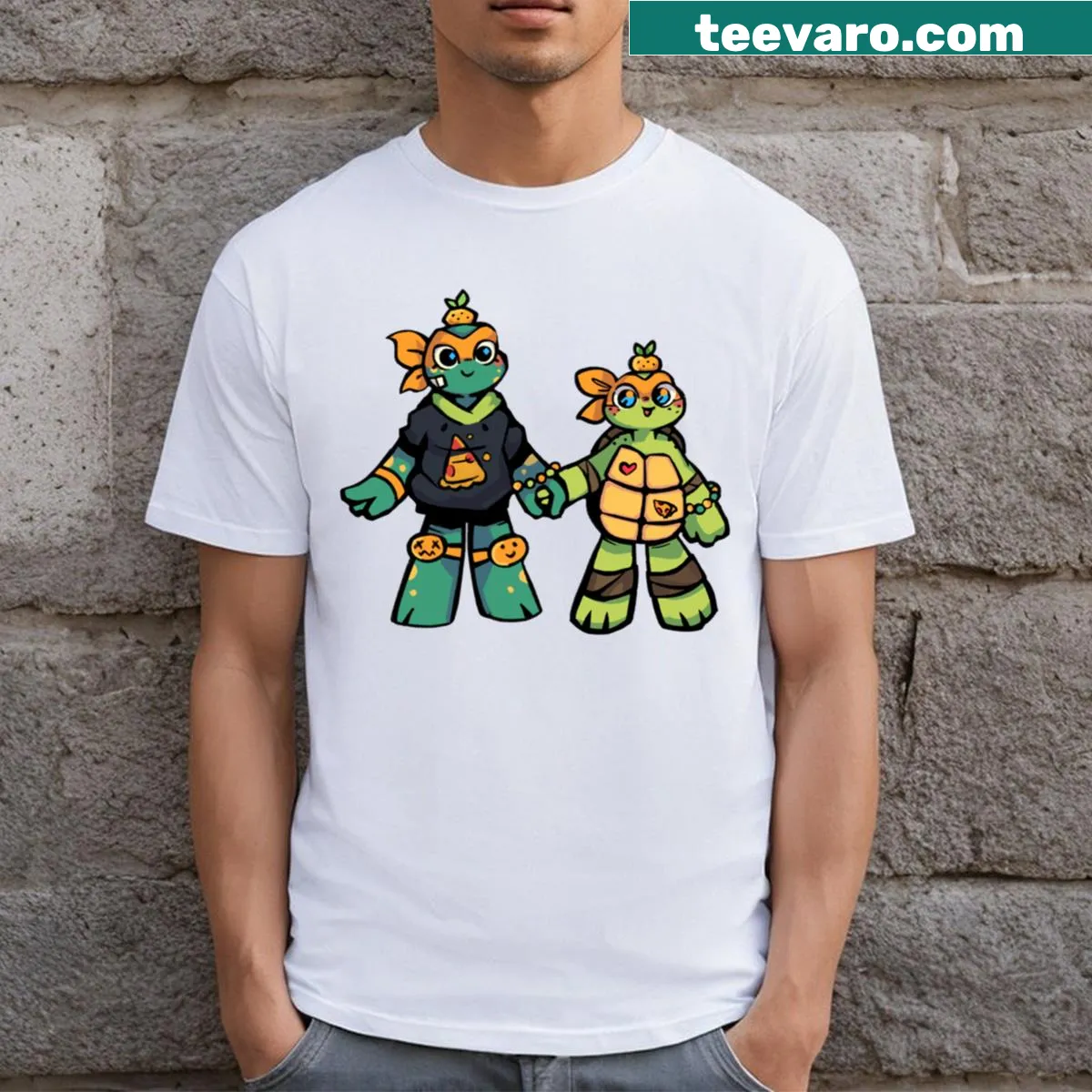 Illustrated T-shirt featuring the Tangerine Brothers characters — on a men's t-shirt