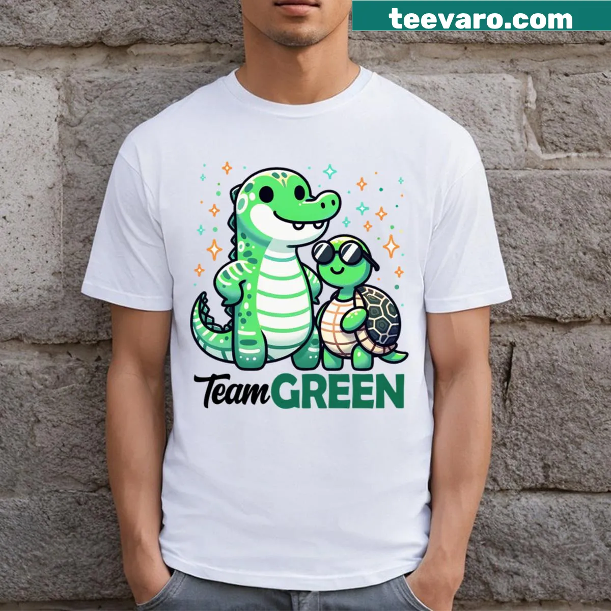 Team Green T-shirt with environmental awareness typography — on a men's t-shirt