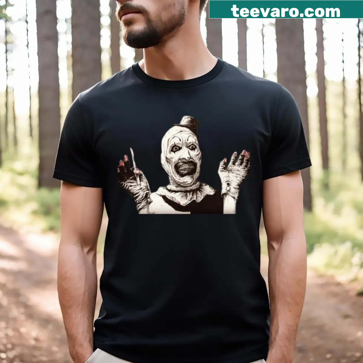 Horror-themed T-shirt featuring a chilling clown illustration — on a men's t-shirt