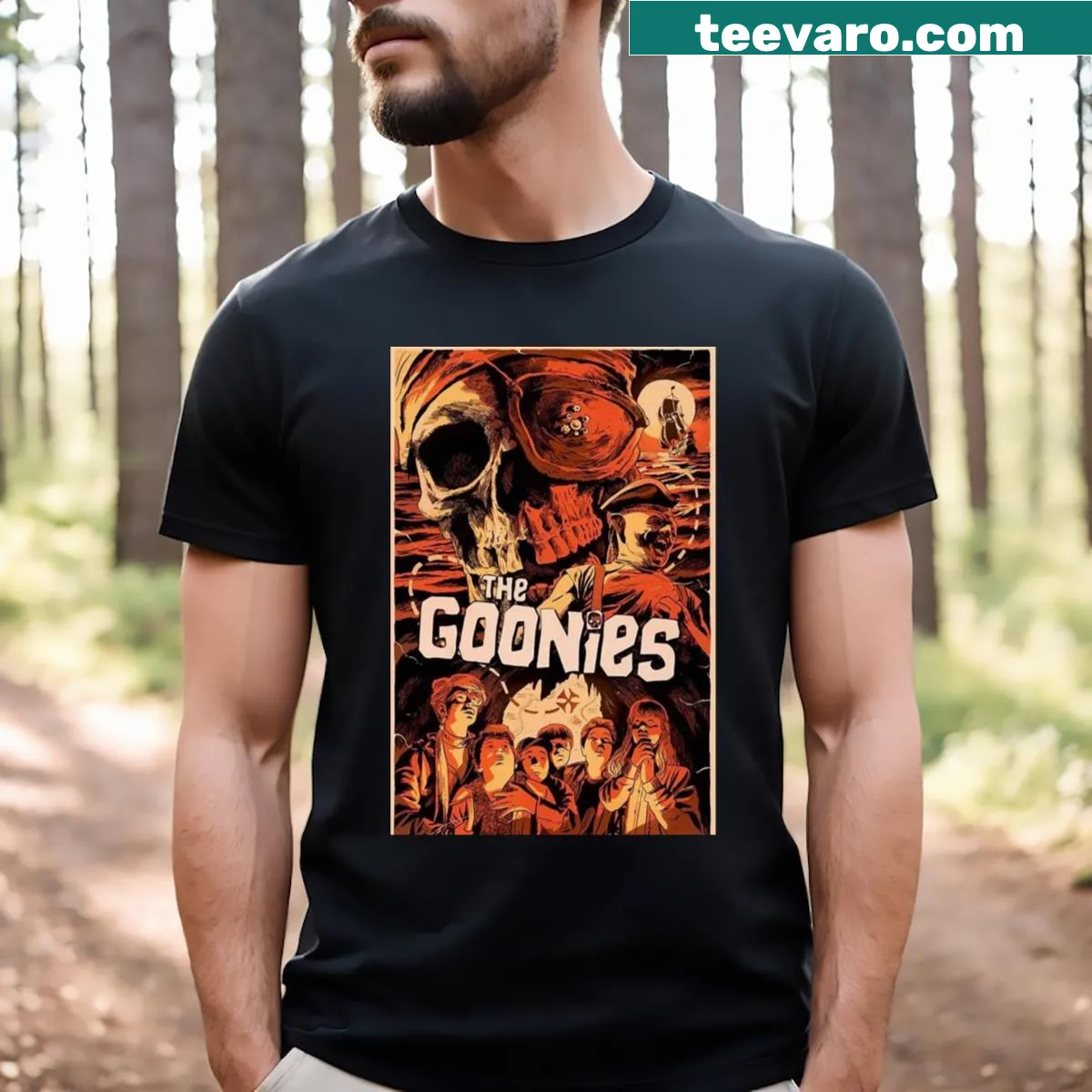 Adventure-themed Goonies 4 Poster graphic T-shirt — on a men's t-shirt